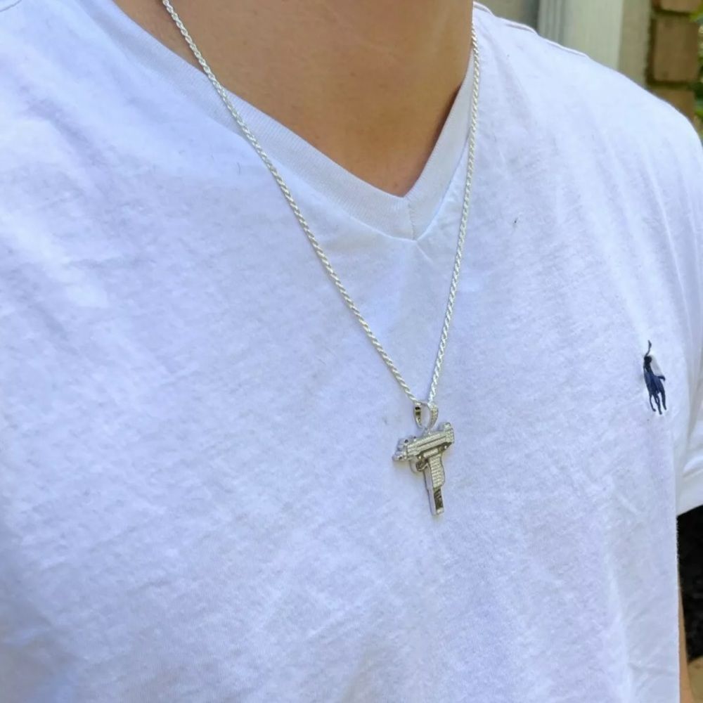 Real Diamond Extendo Uzi Pendant 925 Solid Silver - Picture 5 of 6